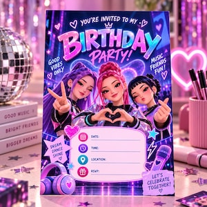 Puede incluir: Una tarjeta de invitación rectangular para fiesta de cumpleaños con tres personajes ilustrados en un entorno de luces de neón. El texto dice: YOU'RE INVITED TO MY BIRTHDAY PARTY! GOOD VIBES ONLY, MUSIC FRIENDS FUN!, DREAM DANCE SHINE, DATE, TIME, LOCATION, RSVP y LET'S CELEBRATE TOGETHER!