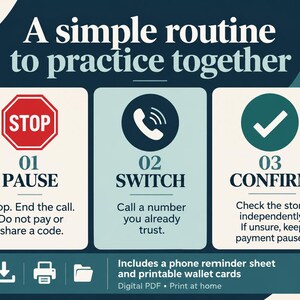May include: An informational graphic titled A simple routine to practice together. It features three steps: 01 PAUSE with a red stop sign icon, 02 SWITCH with a phone icon, and 03 CONFIRM with a checkmark icon. Includes text instructions and icons.