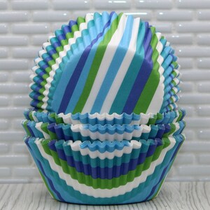 Blue & Green Stripe Cupcake Liners Qty 40 Blue Striped Baking Cups, Blue Striped Cupcake Wrappers, Blue Cupcake Papers, Blue Cupcake Liner image 2