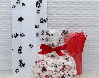 Black Paw Print Cellophane Bag (Qty 10) Paw Print Cellophane Bag, Paw Print Treat Bag, Paw Print Favor Bag, Gusseted Cellophane Bags, Bags