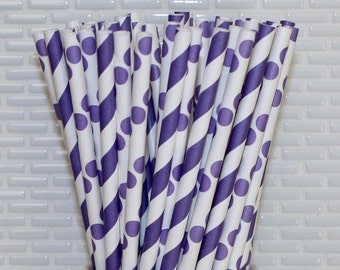 Purple Striped Paper Straws & Purple Polka Dot Paper Straws (Qty 24-25) Purple Striped Straws, Purple Polka Dot Straws, Purple Party Straws