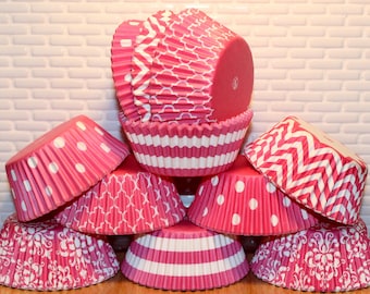 Pink Party Pak Cupcake Liners (Qty 50) Pink Polka Dot Cupcake Liners, Pink Chevron Baking Cups, Pink Damask Muffin Cups