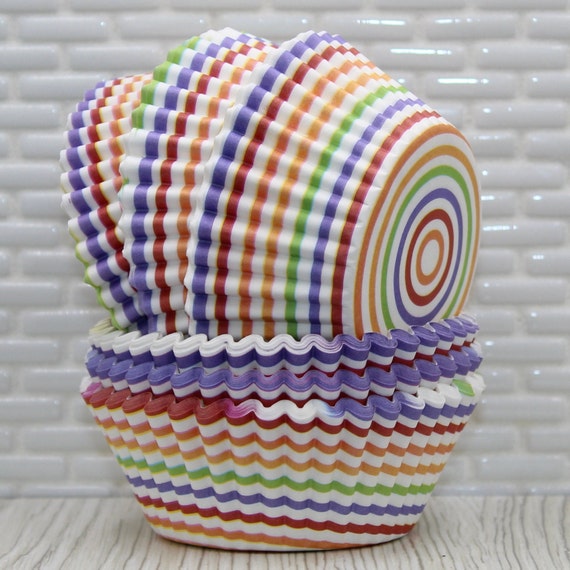 Rainbow Striped Cupcake Liners (Qty 45) Rainbow Striped Baking Cups,  Rainbow Striped Cupcake Papers, Rainbow Striped Muffin Cups