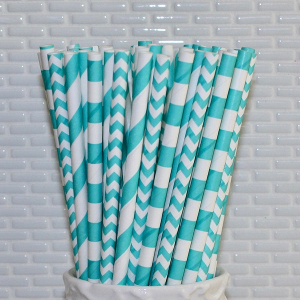 Teal Paper Straw Assortment (Qty 24-25) Teal Horizontal Striped Straws, Teal Chevron Straws, Teal Striped Straws, Teal Straws, Paper Straws