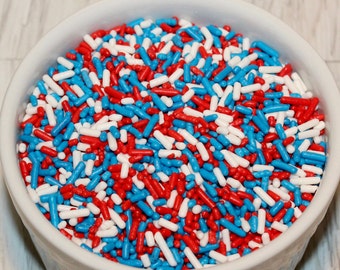 Patriotic Jimmie Sprinkles (4 oz) Americana Jimmie Sprinkle Asst, Jimmie Sprinkles, Red Sprinkles, Blue Sprinkles, White Sprinkles