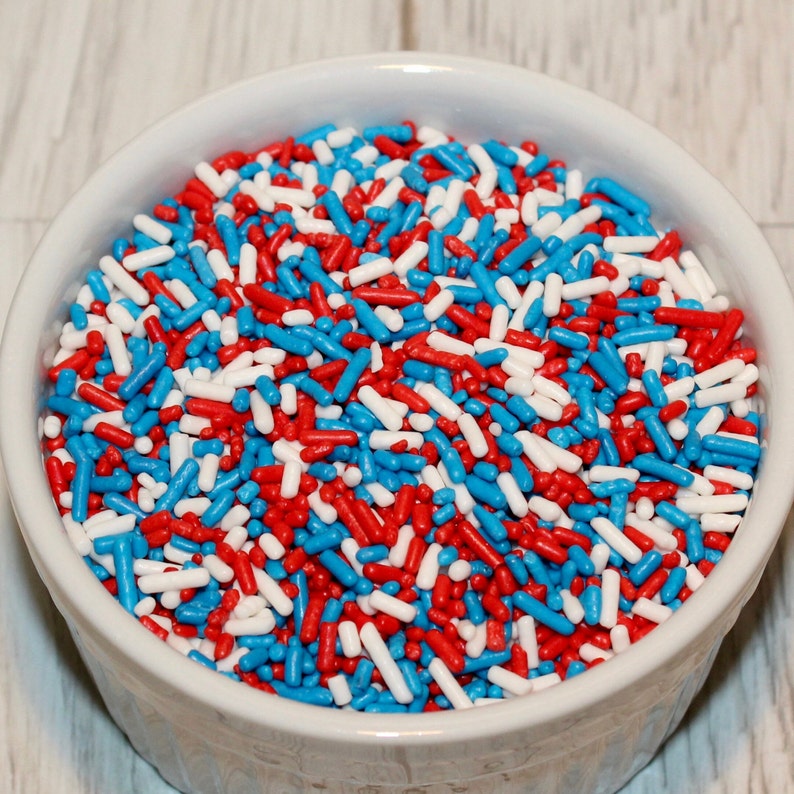 Patriotic Jimmie Sprinkles 4 oz Americana Jimmie Sprinkle Asst, Jimmie Sprinkles, Red Sprinkles, Blue Sprinkles, White Sprinkles image 1