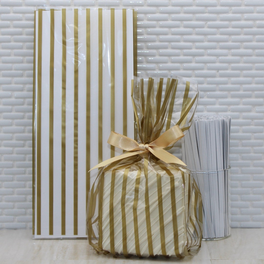 Gold Striped Cellophane Bags qty 10 Gold Striped Gift Bags, Gold