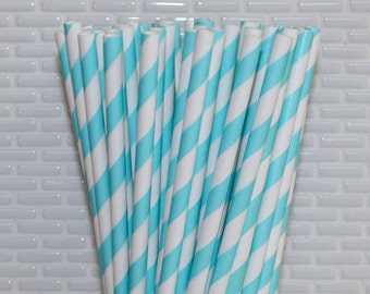 Aqua Striped Paper Straws & Mini Aqua Polka Dot Paper Straws (Qty 24-25) Aqua Striped Disposable Straws, Aqua Polka Dot Disposable Straws