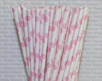 Pastel Pink Polka Dot Paper Straws (Qty 24-25) Pink Polka Dot Drinking Straws, Pink Polka Dot Disposable Straws, Pink Polka Dot Party Straws