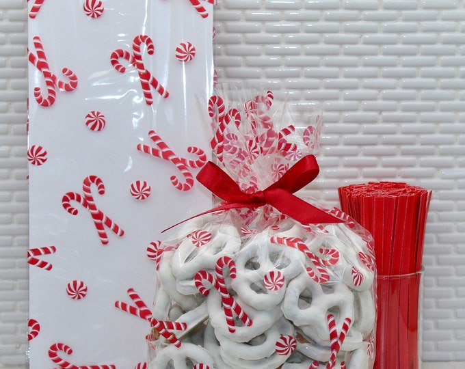 Candy Canes & Peppermint Cellophane Bags 21 Candy Cane Favor Bags