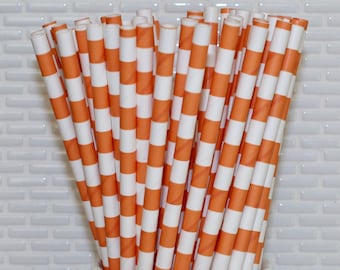 Orange Horizontal Striped Paper Straws (Qty 25) Orange Horizontal Striped Drinking Straws, Orange Party Straws, Orange Disposable Straws