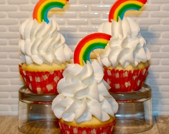 Edible Rainbow Cupcake Dec-Ons (Qty 12) Edible Rainbow Sugar Decorations, Edible Rainbow Cake Decorations, Rainbow Cupcake Toppers, Rainbows