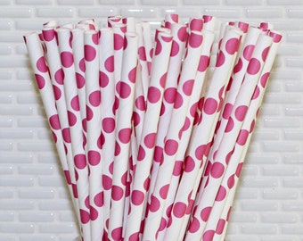 Hot Pink Polka Dot Paper Straws (Qty 24-25) Pink Polka Dot Party Straws, Pink Polka Dot Drinking Straws, Pink Disposable Straws, Pink Straws