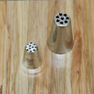 May include: Two silver metal piping tips with multiple round holes on the top. The tips are on a wooden surface.