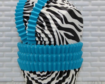 Turquoise Trim Zebra Cupcake Liners  (Qty 32)  Zebra Print Cupcake Liners, Cupcake Liners, Baking Cups, Muffin Cups, Zebra Baking Cups