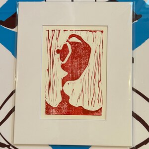 A spot of tea or coffee or genie - pot pouring out everything - abstract red linocut print matted to 8x10 - archival printmaking art paper