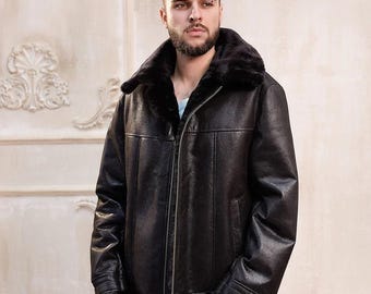 Chaqueta de aviador estilo aviador para hombre, color marrón, de piel de oveja B3, con cuello de piel de oveja.