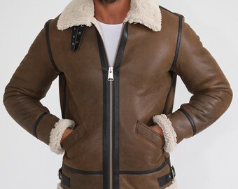 Chaqueta de aviador estilo aviador para hombre, color marrón, de piel de oveja B3, con cuello de piel de oveja.