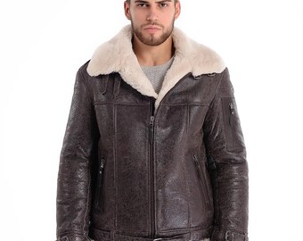 Chaqueta de aviador estilo aviador para hombre, color marrón, de piel de oveja B3, con cuello de piel de oveja.