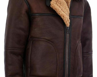 Chaqueta de aviador estilo aviador para hombre, color marrón, de piel de oveja B3, con cuello de piel de oveja.