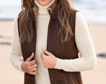 Chaleco de piel de oveja auténtica y piel de oveja de primera calidad en color coñac para mujer -CHALECO DE LUJO- Regalo premium para ella
