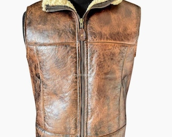 Chaleco de piel de oveja premium marrón y 100 % piel de oveja auténtica para hombre