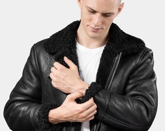 Chaqueta de aviador estilo aviador para hombre, color marrón, de piel de oveja B3, con cuello de piel de oveja.