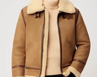 Chaqueta de aviador estilo aviador para hombre, color marrón, de piel de oveja B3, con cuello de piel de oveja.