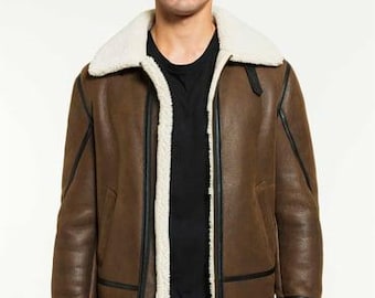 Chaqueta de aviador estilo aviador para hombre, color marrón, de piel de oveja B3, con cuello de piel de oveja.