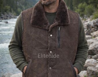 Men's Brown Premium Sheepskin Leather & Real Shearling Fur Gilet Vest -Luxury Bodywarmer-Stay Warm, Look Stylish -