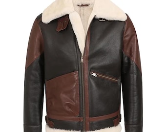 Chaqueta de aviador estilo aviador para hombre, color marrón, de piel de oveja B3, con cuello de piel de oveja.
