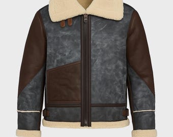 Chaqueta de aviador estilo aviador para hombre, color marrón, de piel de oveja B3, con cuello de piel de oveja.