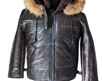 Chaqueta de aviador estilo aviador para hombre, color marrón, de piel de oveja B3, con cuello de piel de oveja.
