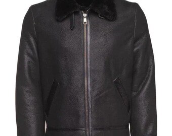 Chaqueta de aviador de piel de oveja B3 negra para hombre