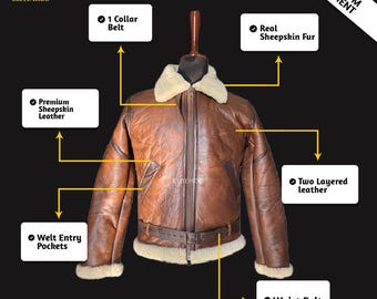 Chaqueta de aviador de piel de oveja auténtica marrón B3 de Elitehide para hombre