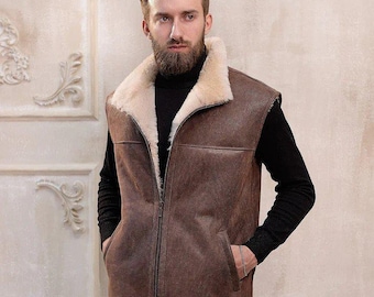 Chaleco de piel de oveja premium marrón y 100 % piel de oveja auténtica para hombre