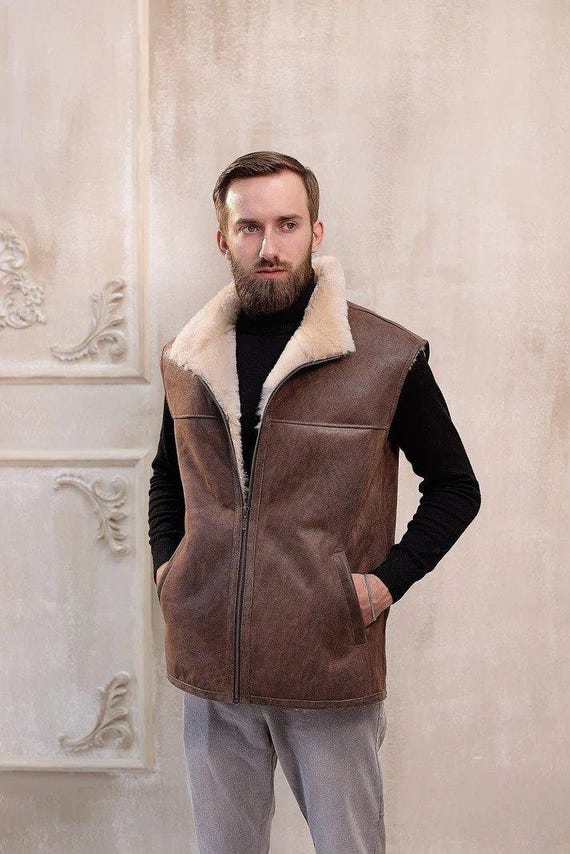 Men's Brown Premium Sheepskin Leather & 100% Real Shearling Fur Gilet Vest