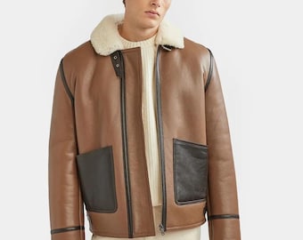 Chaqueta de aviador estilo aviador para hombre, color marrón, de piel de oveja B3, con cuello de piel de oveja.
