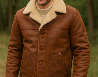 Chaqueta de aviador estilo aviador para hombre, color marrón, B3, de piel de oveja y piel de oveja.