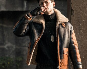 Chaqueta de aviador de piel de oveja B3 negra para hombre