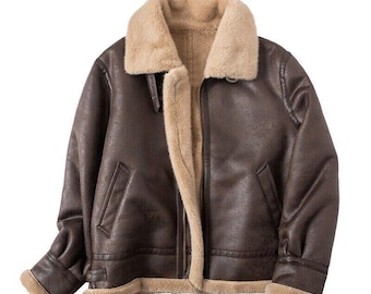 Chaqueta de aviador estilo aviador para hombre, color marrón, de piel de oveja B3, con cuello de piel de oveja.