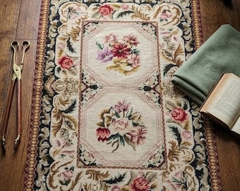Alfombra francesa vintage hecha a mano, alfombra Aubusson, alfombra de punto de aguja, alfombra floral de lana