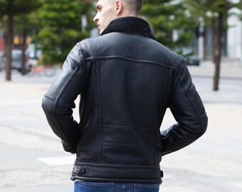 Chaqueta de aviador de piel de oveja marrón B3 para hombre