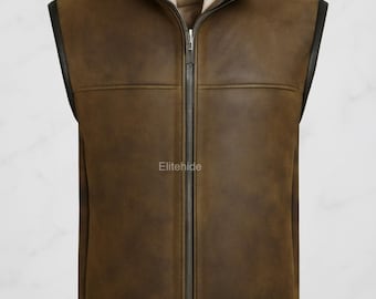 Chaleco de piel de oveja auténtica para hombre, chaleco de invierno marrón, chaleco de piel de oveja cálido, chaleco de cuero hecho a mano, chaleco de invierno de lujo para hombre.
