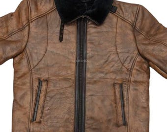 Chaqueta de aviador estilo aviador para hombre, color marrón, de piel de oveja B3, con cuello de piel de oveja.