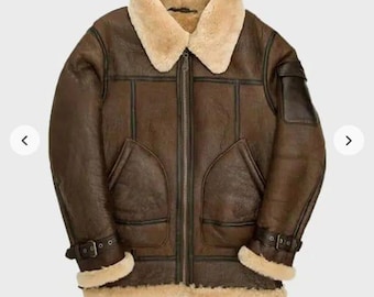 Chaqueta de aviador estilo aviador para hombre, color marrón, de piel de oveja B3, con cuello de piel de oveja.