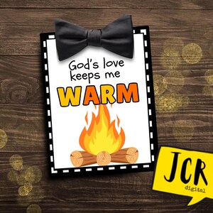 God&#39;s love keeps me WARM- Church handout- VBS favor- Religious tag