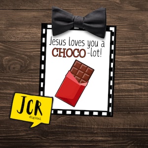 Jesus Loves You a Choco-lot Tags - Printable Treat Tags 2.5x3” - Christian Kids Valentine’s, Sunday School, VBS Treat Bags