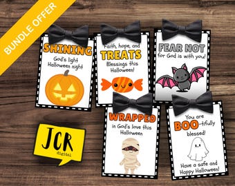 May include: Five printable Halloween cards with black bow ties and a white background. The cards feature different Halloween-themed messages, including "Shining God's light Halloween night", "Faith, hope, and Treats Blessings this Halloween!", "Fear Not for God is with you!", "Wrapped in God's love this Halloween", and "You are BOO-tifully blessed! Have a safe and Happy Halloween!"