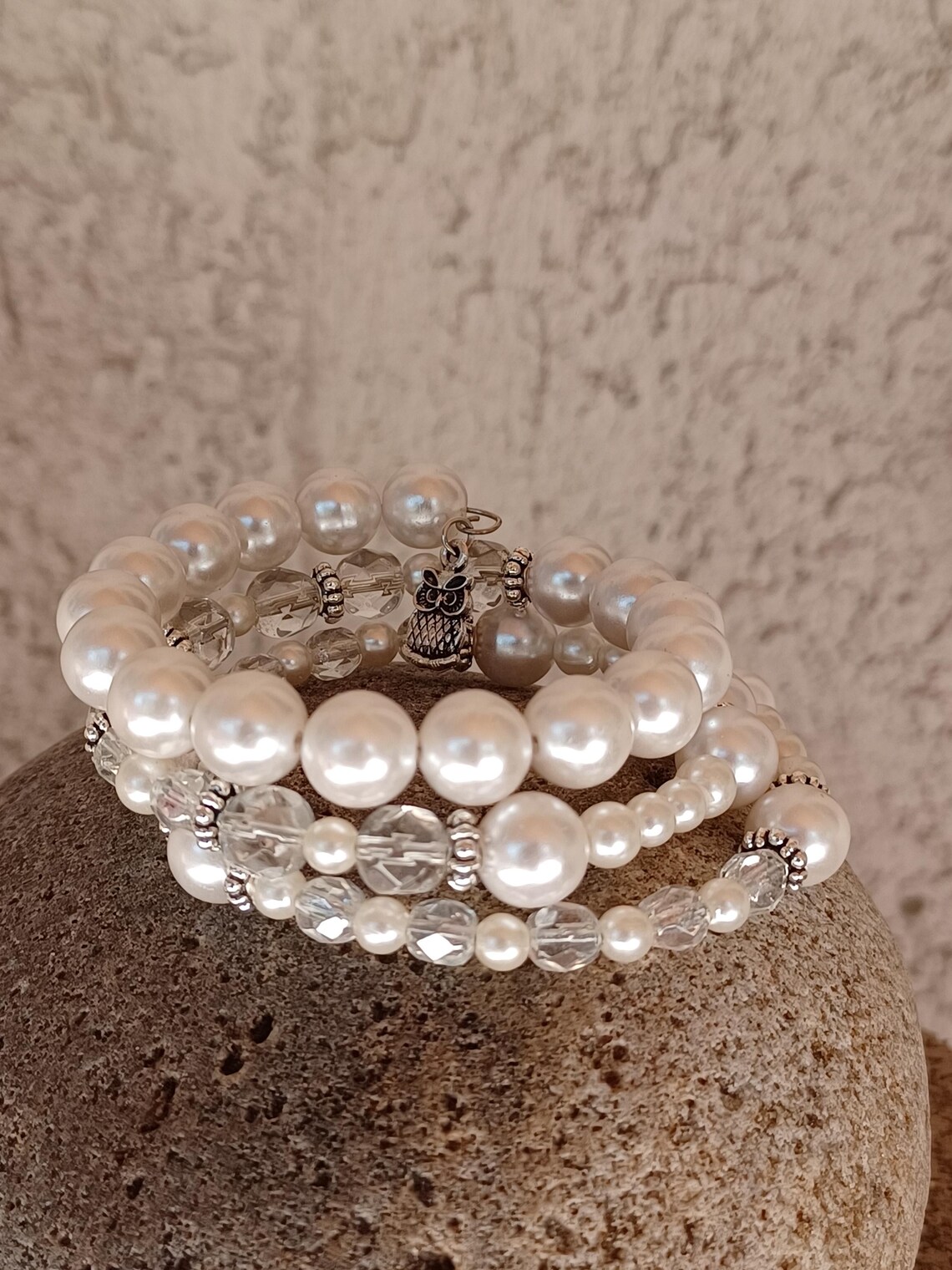 Pearls Memory Wire Stacked Bracelet With Charms - Etsy